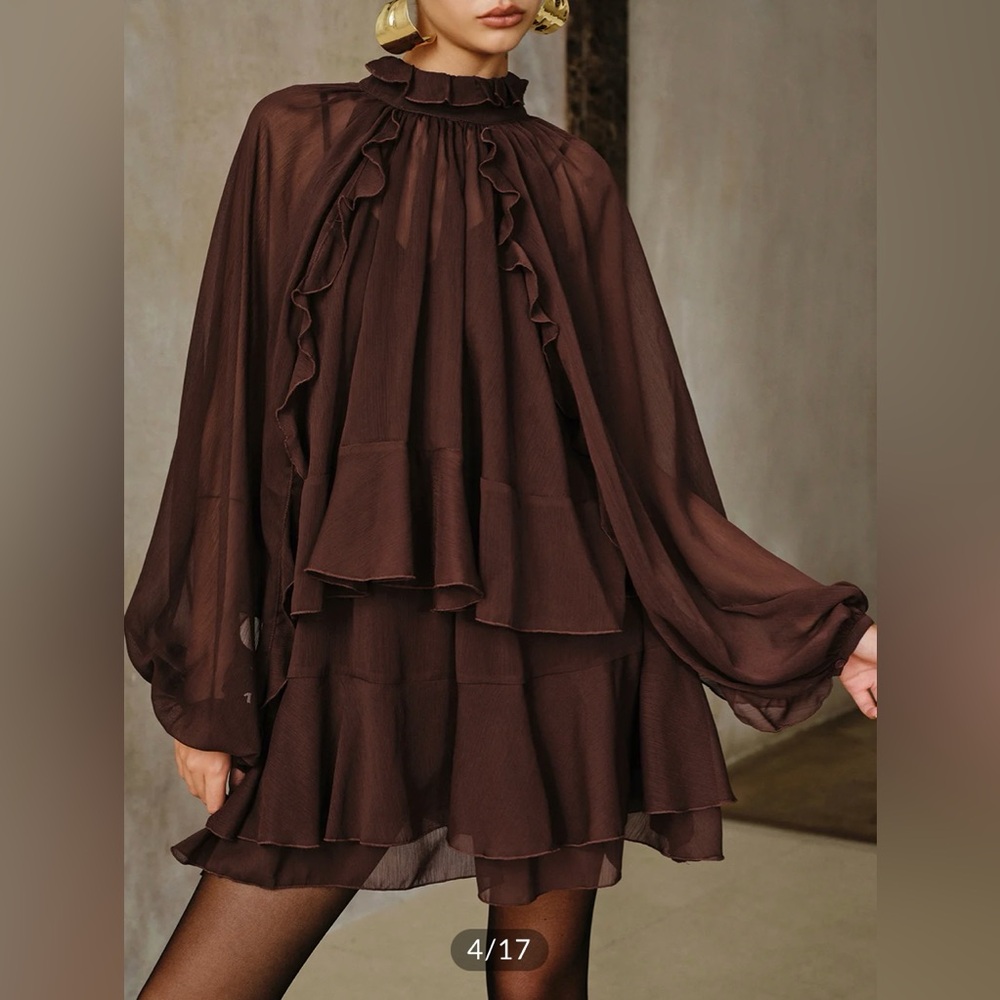❤️ Two Piece Elegant Brown Tiered Ruffled Chiffon Mini Dress Set with Liner - Picture 5 of 12